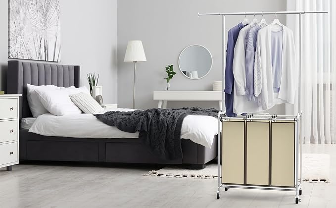 Deco Brothers Heavy Duty 3 Bags Laundry Sorter Cart with Hanging Bar, Beige | Extendable Hanging Rod - Image 7
