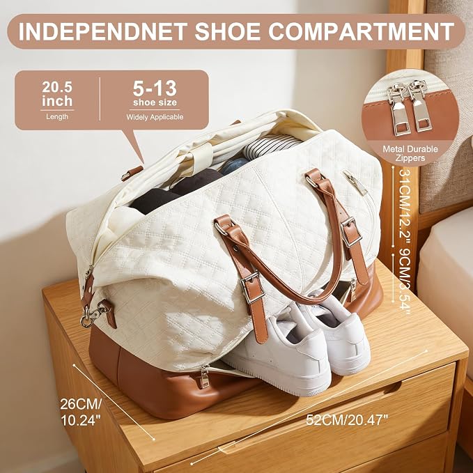 Travel Duffel Weekender Bag Women Tote Carry On Bags With Shoe Compartment | Travel Overnight Bags with Trolley Sleeve for Airplanes Sport Tote Gym for Men Waterproof Lightweight Daypack Beige - Image 4