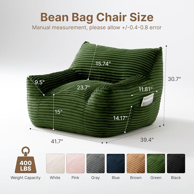 Bean Bag Chair for Adults & Kids, Giant Bean Bag Sofa with Side Pocket, Corduroy Beanbag Chair with Armrests, Comfy Stuffed Floor Sofa for Living Room Bedroom Dorm, Green - Image 2