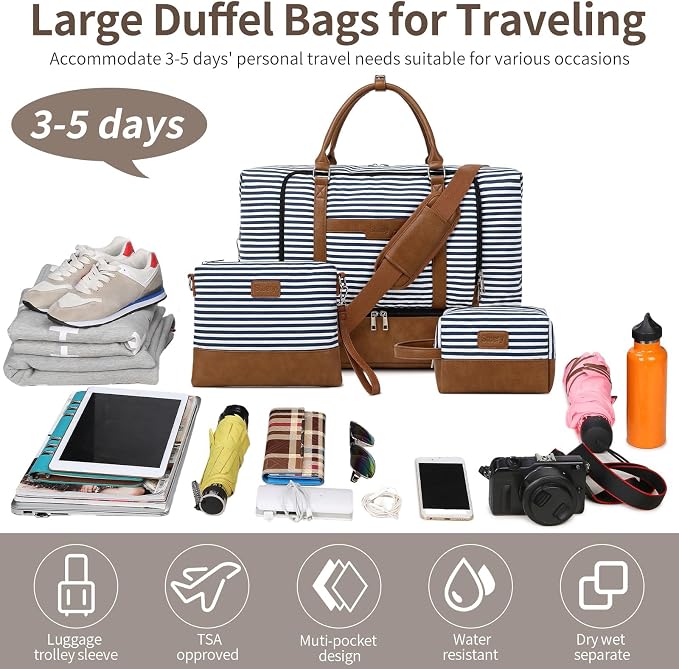 Weekender Bag, Large Travel Duffel Bag for Women, Carry on Overnight Bag with Shoe Compartment and Toiletry Bags - Image 6