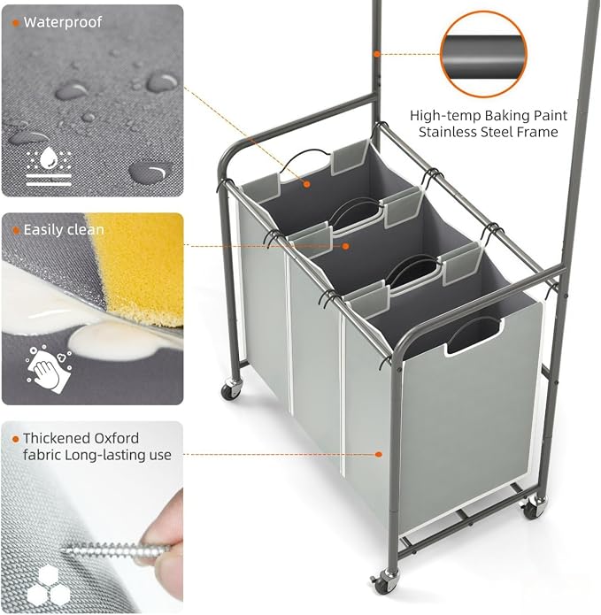 ROMOON Laundry Sorter Hamper with Hanging Bar, 3 Section Laundry Cart | Rolling Laundry Basket Organizer with Clothes Rack & Heavy-Duty Lockable Wheels for Apartment, Dorm, Small Spaces, 135L, Grey - Image 4