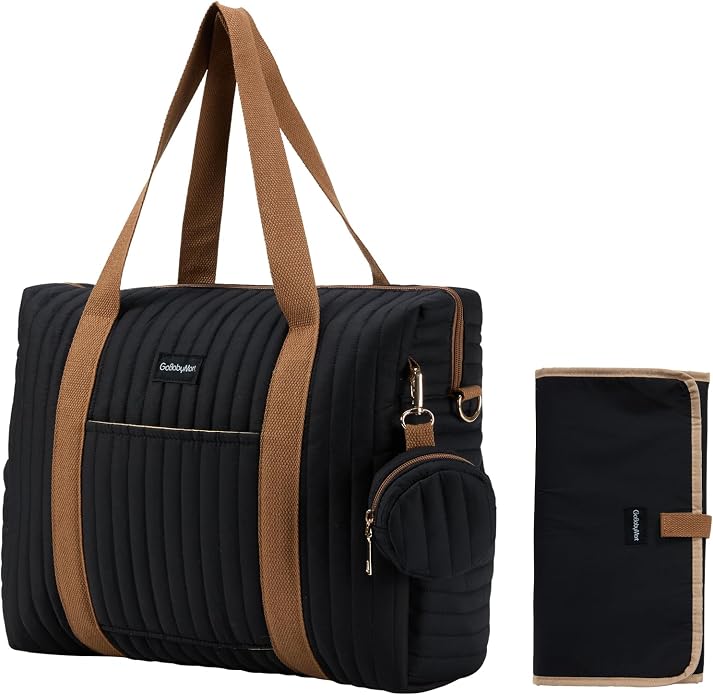 Diaper Bag Tote for Moms, Baby Hospital Bag with Insulated Bottle Pockets, Changing Pad & Stroller Straps by GoBabyMart