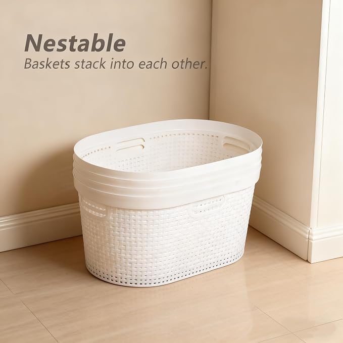 4 Pack 40L Plastic Laundry Basket, Stackable Hamper with Handles | White Laundry Storage Basket, Lightweight Design for Bathroom or Laundry Room, Easy Carry Grip - Image 5