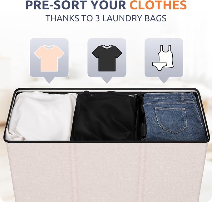SOLEDI Large Laundry hamper 3 Section with Laundry Bag, XL Clothes Basket | 3-Section Large capacity Laundry Sorter with Odor-Blocking Lid, Robust Iron Frame & Waterproof 600D Fabric, 3 Washable Bags - Image 3