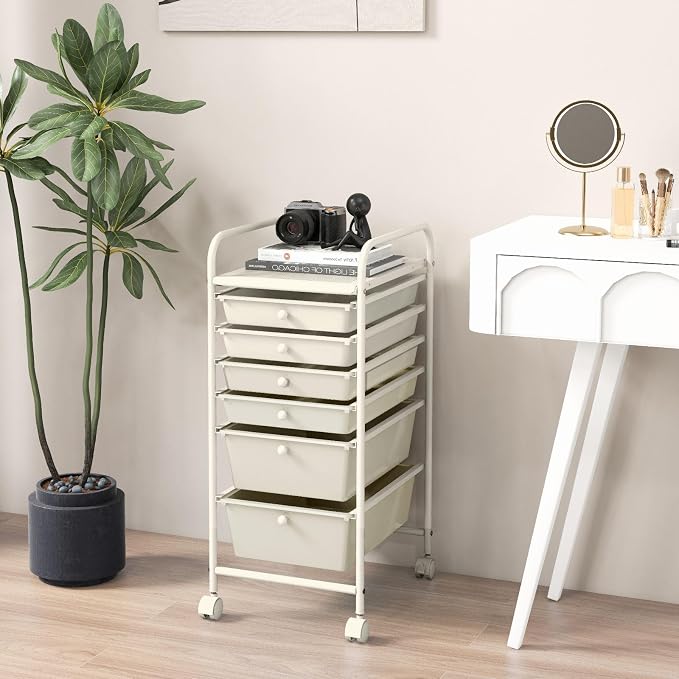 GOFLAME 6-Drawer Rolling Storage Cart, Multifunctional Art Supply Organizer Cart, Mobile Utility Storage Cart with Removable Drawers & Lockable Wheels, Craft Cart for Home Office, White - Image 8