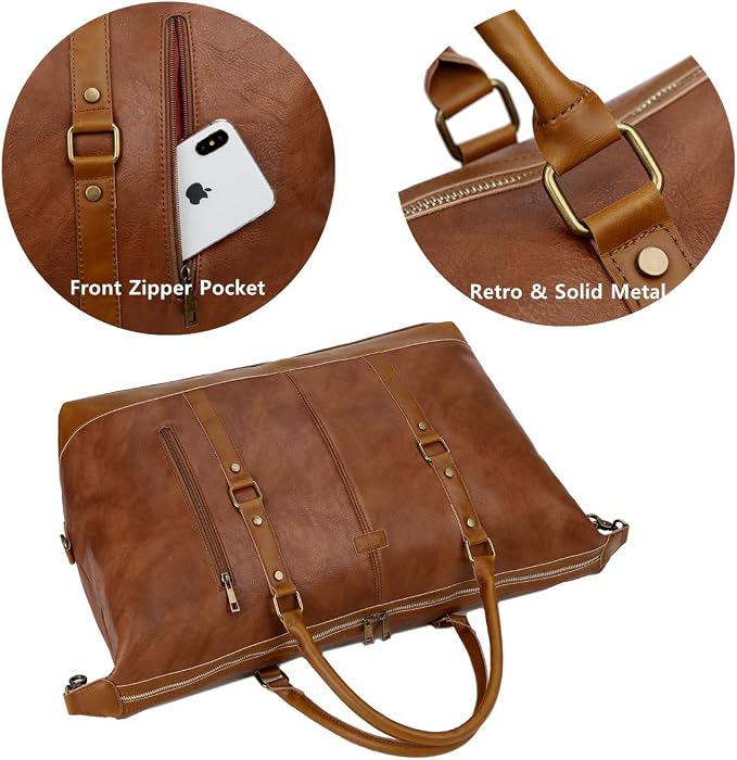 BAOSHA Vegan Leather Travel Duffel Tote Bag Overnight Weekender Bag Oversized for Men and Women HB-14 (Brown) - Image 4