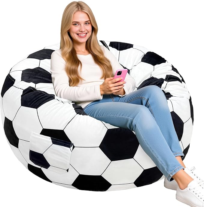 Lukeight Soccer Bean Bag Chair for Teens and Adults, Memory Foam Filled Floor Lounger, Washable Velvet Cover with Inner Liner, Beanbag Chair with Filling for Gaming and Reading, XX-Large 36"D x 20"H by Lukeight