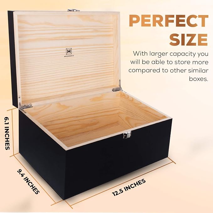 Large Wooden Storage Memory Gift Decorative Box with Hinged Lid (Black) - Image 3