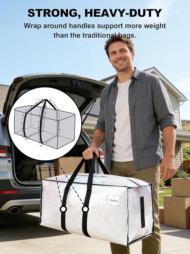 HOMESURE Supports 200lbs Heavy Duty Moving Bags - Strong Zipper & Wrap-Around Handles - Water-Resistant Storage Totes, Durable Alternative to Moving Boxes - 12 Pack - Semi-Transparent - Image 2