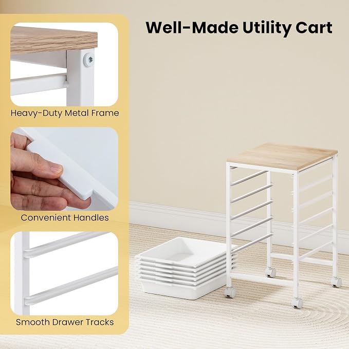 Rolling Storage Cart with 6 Drawers, Plastic Craft Organizer on Wheels with Wooden Top, Mobile Art Supply Utility Cart for Classroom, Home, Office - Image 7