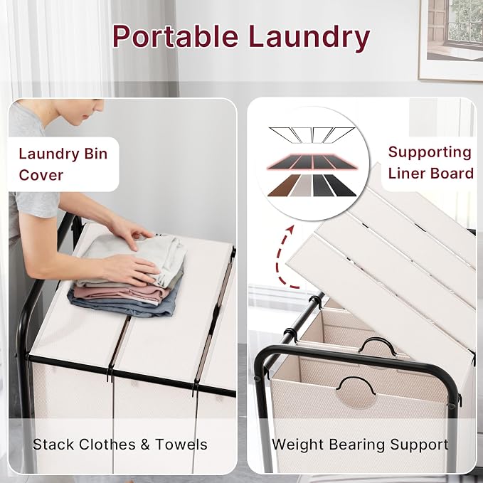 180L Laundry Sorter 4 Section with Lockable Wheels and Lid White | 4 Large Separate Removable Bags | Heavy Duty Rolling Laundry Basket | Laundry Hamper Cart for Laundry Room Organizer - Image 5