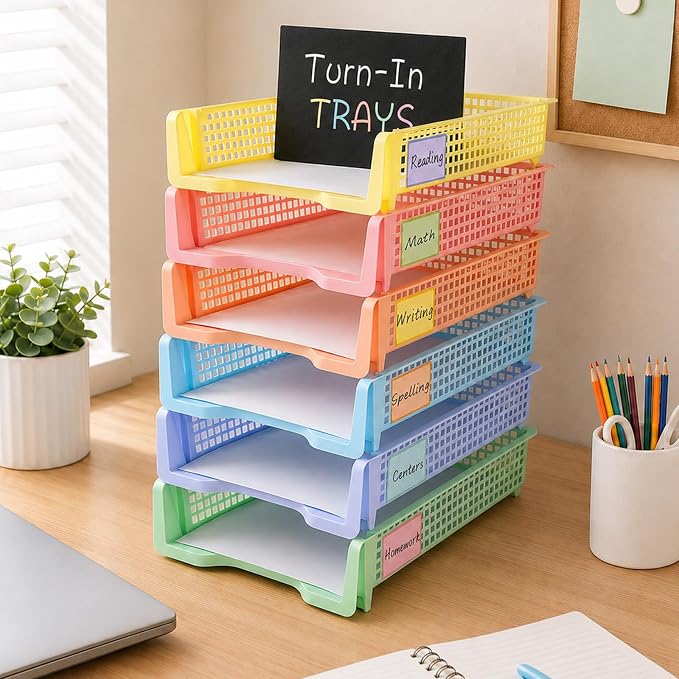 Set of 6 Pastel Turn in Trays with Label Stickers for Teachers Stackable Classroom Paper Letter Trays Plastic Classroom Desk Letter Organizer Tray Storage Baskets for Library, Drawers, Office, Home - Image 4