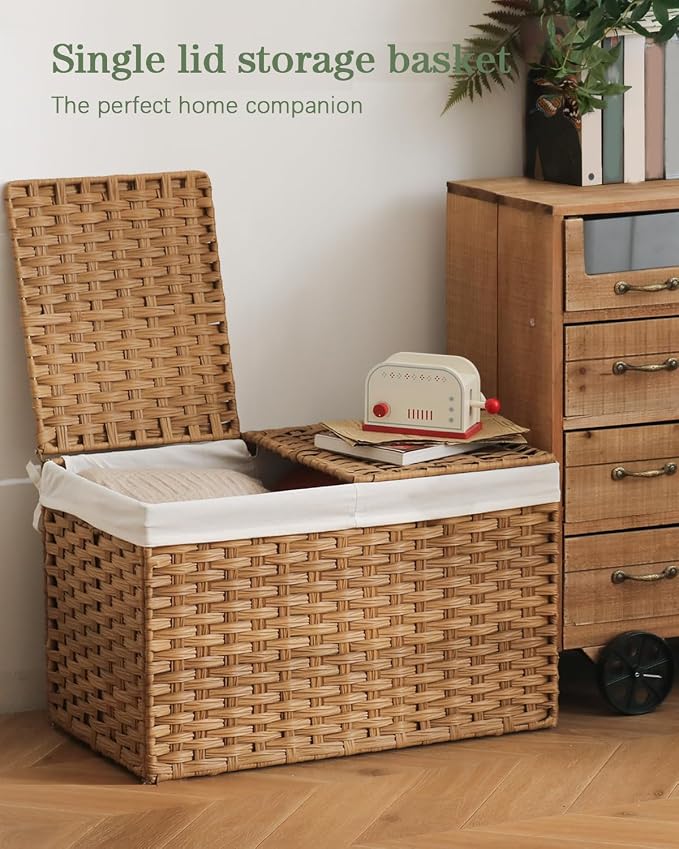 SETVSON Storage Basket with Lid Rattan Woven Storage Baskets with 2 Separate Lids, 17.2 Gallon (65 L), 22 x 13 x 13.8 Inches,Foldable, 2 Removable Liner Bags Handles for Bedroom, Laundry Room Natural - Image 2