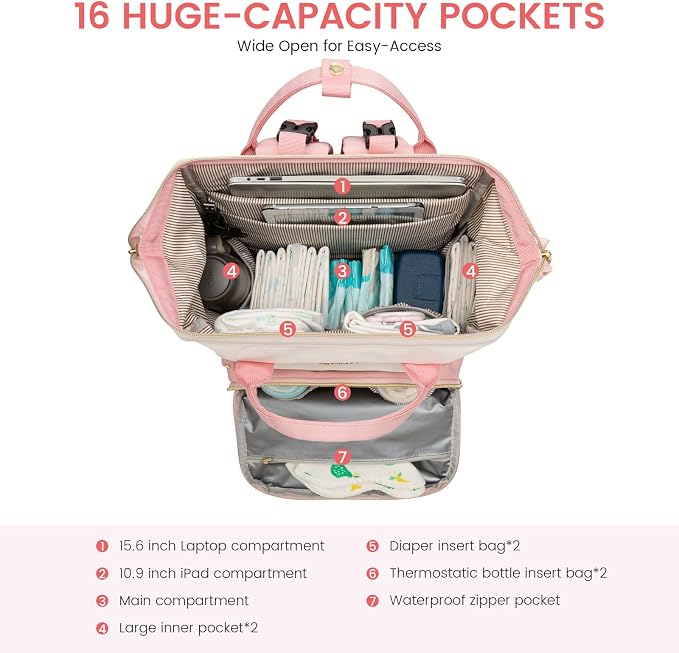 LOVEVOOK Diaper Bag Backpack, Baby Bag with Changing Station, Large Diaper Backpack for Moms Dads, Waterproof Leather Accents Baby Boy and Girl Bag for Travel Baby Essentials, Pink-Beige - Image 2