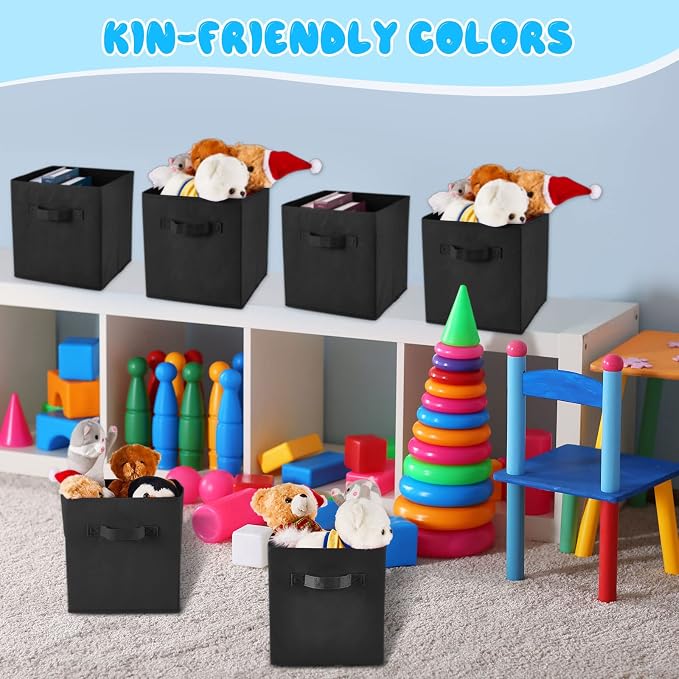 Yinder 12 Pcs Cube Storage Bin Black 10.5''x10.5''x11'' Storage Bins for Playroom Decor Colorful Bins for Kids Foldable Baskets for Nursery Organizer Boxes Fabric Boxes - Image 5