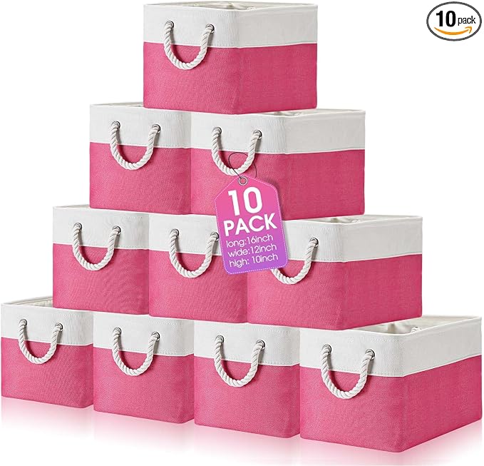 FoldTier 10 Pack Large Collapsible Fabric Storage Baskets with Handles Decorative Storage Bins for Organizing Shelves Toys Clothes (Rose & White,16 x 12 x 10 Inches) by FoldTier