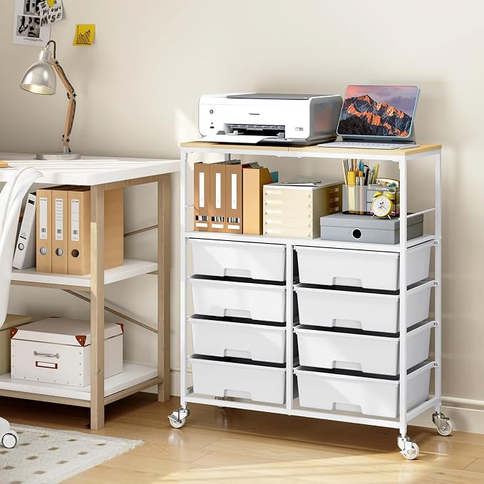 Rolling Storage Cart with 8 Large Drawers, Wooden Tabletop | Open Storage Shelves, Mobile Craft Organizer with Lockable Wheels for Home, Classroom, Office Supplies & Art Studio,White - Image 8