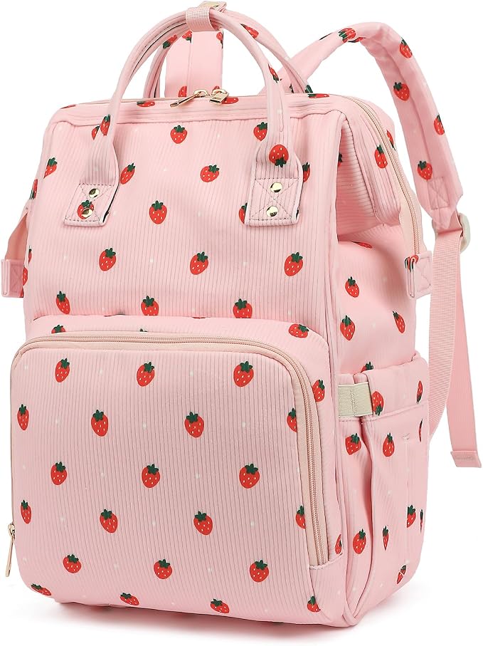 Corduroy Diaper Bag Backpack for Baby Girls Boys, Women Large Nappy Bags for Mom (Pink Corduroy Strawberry) by Yusudan