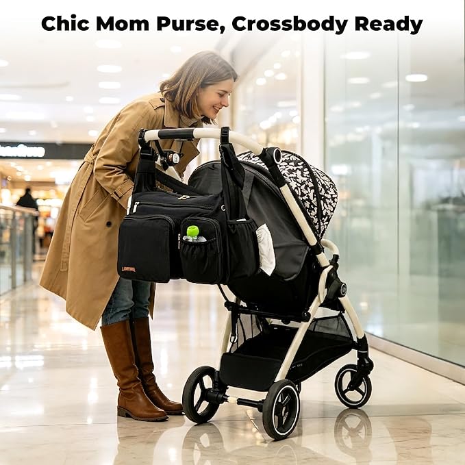 Puffy Crossbody Diaper Bag, 2-in-1 Stroller Caddy & Mom Purse, 13L Lightweight Travel Duffle Bag for Baby, Work Commute, Gym, Labor Delivery (Black) - Image 8