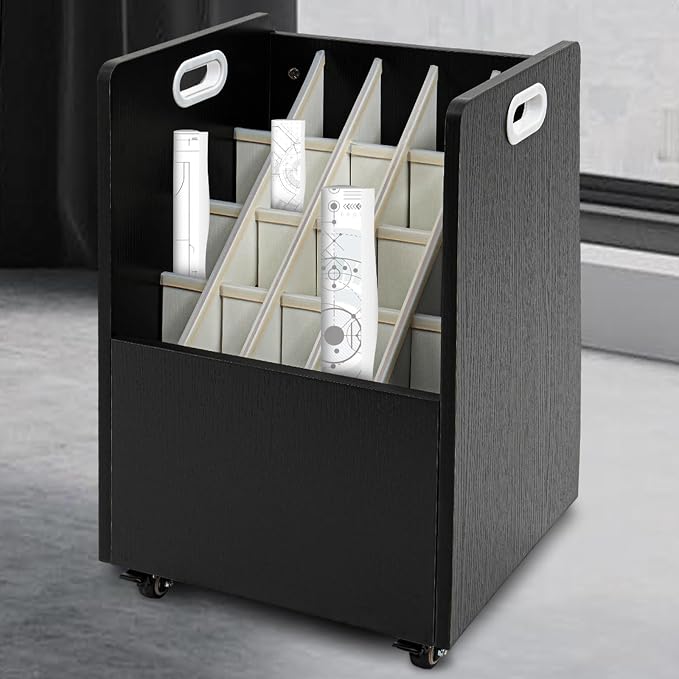 Mobile 20 Slots Blue Print Storage Organizer,Construction Plan Holder,Black | Removable Dividers,Max.Total Load 44lbs, Blueprint,Map,Newspapers,Roll Files Storage with 4 Wheels for Office,School,Meeting by Pinelicorn