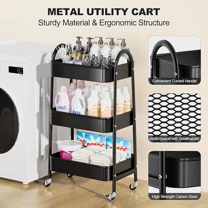 3 Tier Rolling Cart, Large Metal Storage Cart with Handle and Lockable Wheels, Big Multifunctional Storage Organizer Trolley with Mesh Baskets for Kitchen, Living Room, Office, Garage (Black) - Image 3