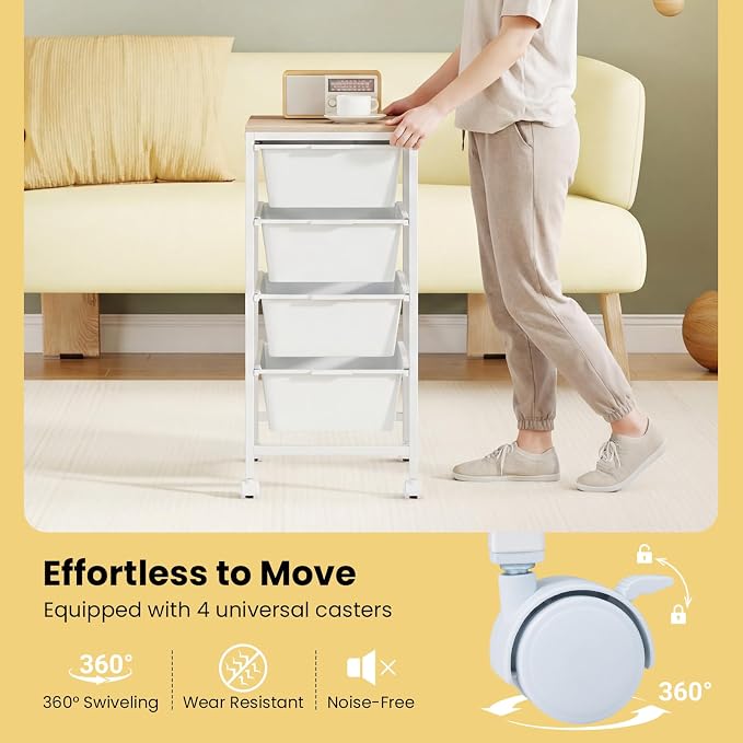 Rolling Storage Cart with 4 Drawers, Plastic Craft Organizer on Wheels with Wooden Top, Mobile Art Supply Utility Cart for Classroom, Home, Office - Image 6