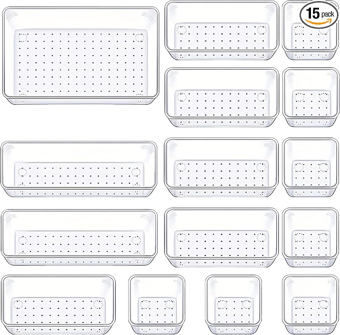 Manalete 15 Pcs Clear Plastic Drawer Organizer, Makeup & Vanity Organizer | 4-Size Versatile Desk Organizer & Storage Bins for Kitchen, Bathroom, Office, Jewelries, Easy Clean, Stackable, BPA-Free by Manelete