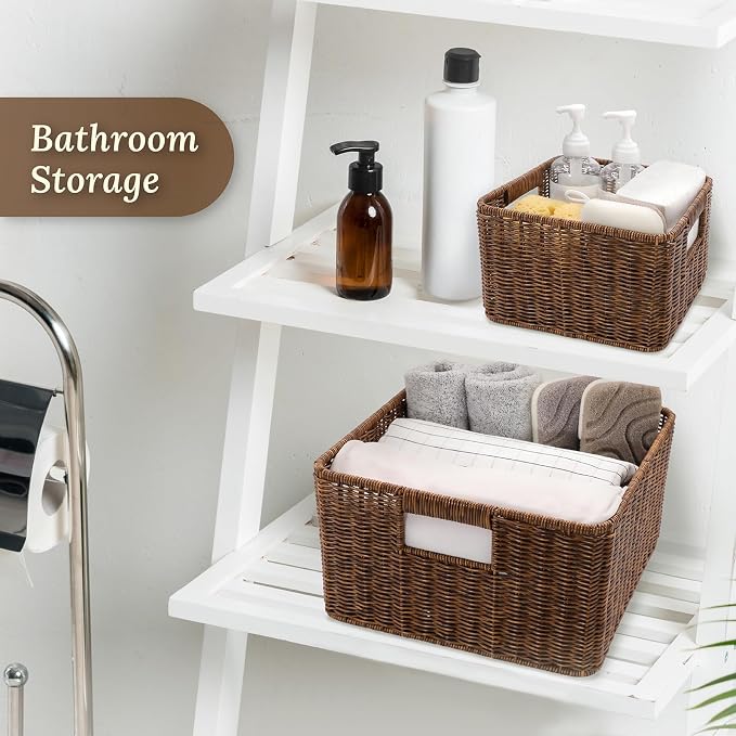WeeNest Baskets with Handles, Wicker Storage, Shelf Boxes for Organizing, Decorative Resin, Set of 3, Toffee - Image 5