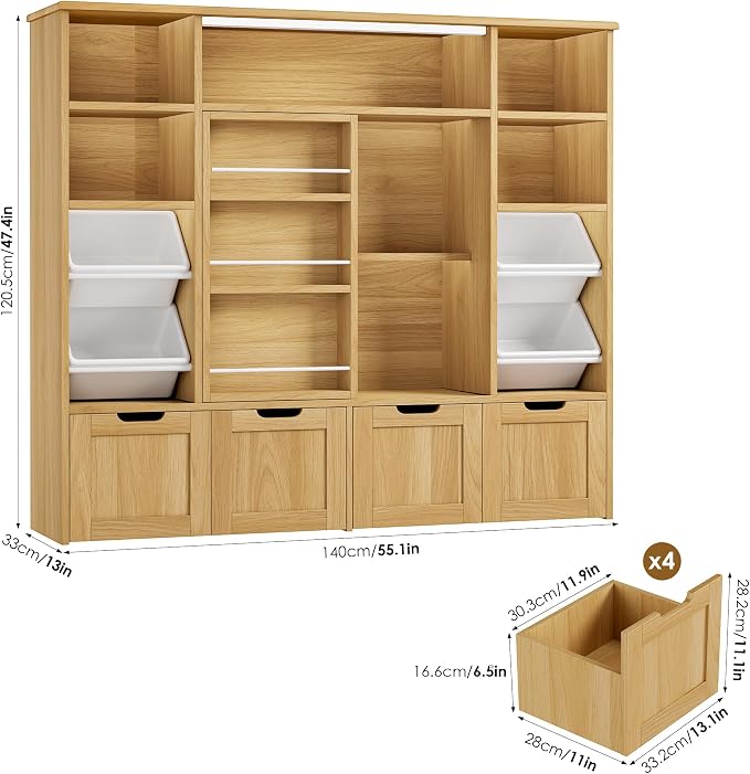 Toy Storage with Sliding Bookshelf, Toy Organizer with 4 Bins | 55.1’’ W Large Toy Storage Organizer Kids Bookshelf with 4 Movable Drawers, Toy Bins Playroom Storage for Kid Room, Natural - Image 3