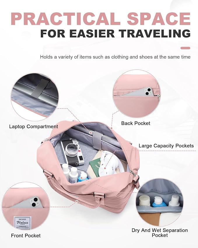 Travel Duffel Weekender Bag Women Tote Carry On Bags With Shoe Compartment | 18x14x8 inches Travel Overnight Bags with Trolley Sleeve for Airplanes Sport Tote Gym for Men Lightweight Daypack Pink - Image 3