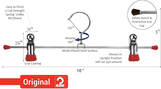 Mawa by Reston Lloyd Non-Slip Space-Saving Clothes Hanger for Pants & Skirts with Two Clips, Style K/40D, Set of 2, 15 3/4" L, Red - Image 2