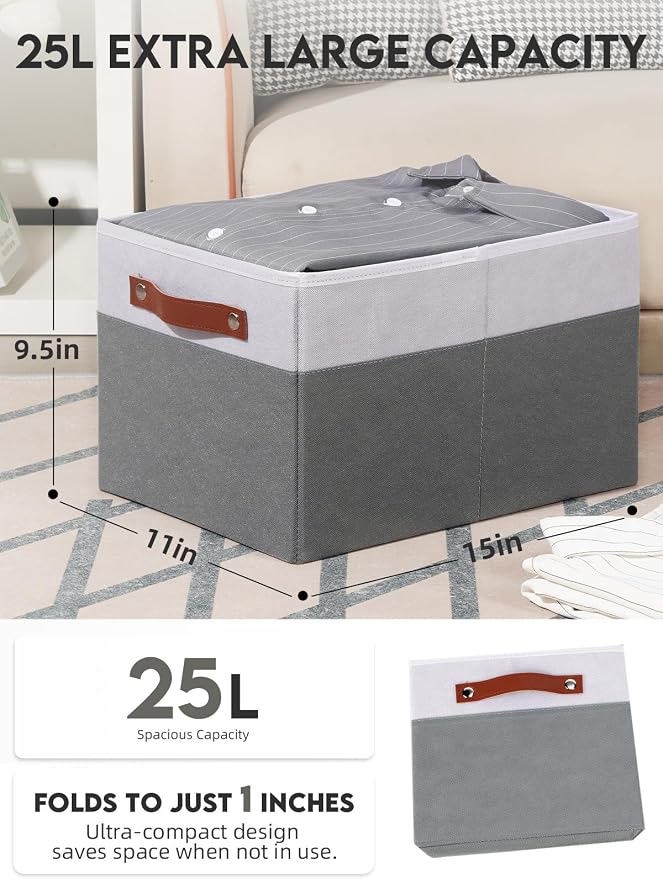 [6-Pack] Fabric Storage Bins (15x11x9.5 ) Reinforced 2.5mm Cardboard Shelf Bins with PU Leather Handles Durable Storage Baskets for Closet Organization, Toy Organizer, & Home Office White&Grey - Image 2