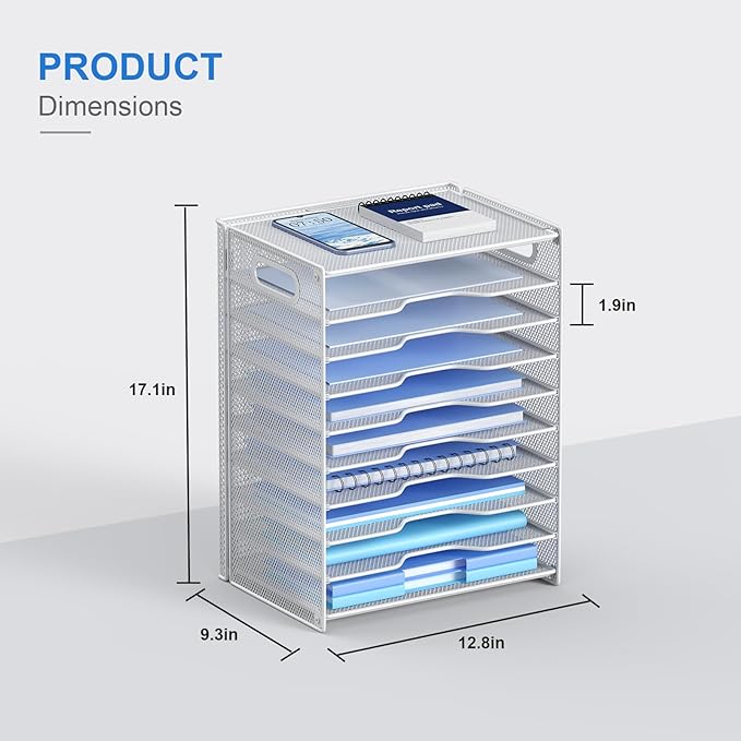 OUTWOLF 10 Tier Paper Organizer - Letter Tray Mesh Desk File Organizer with Handles for Office School Desktop, White - Image 3
