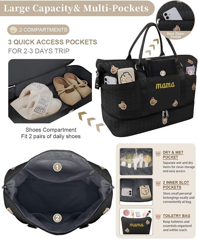 Mama Maternity Hospital Bag Essentials for Women Labor Delivery Baby Diaper Organizer with Shoe Compartment & Toiletry Pouch Travel Duffle Bag for Pregnancy Mommy Weekender Overnight Gifts,Black Bear - Image 4
