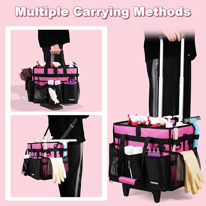 Cleaning Caddy with Wheels, Rolling Cleaning Supplies Organizer with Bottom Board, Dividers & Shoulder Strap, Portable Utility Tote with Small Trolley, Rose Pink - Image 4