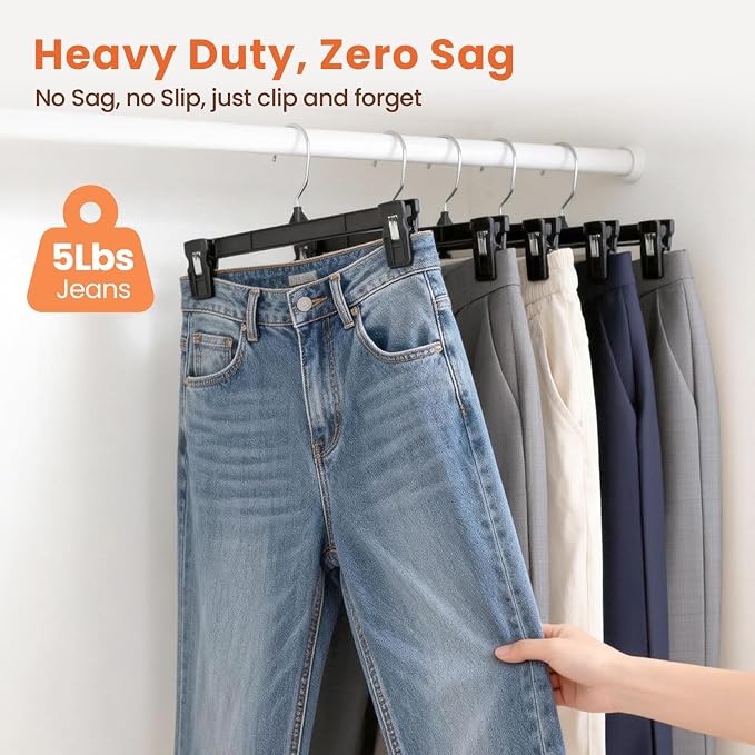 HOUSE DAY Black Pants Hangers with Clips 200 Pack, 10 Inch Skirt Hangers | Non-slip clips hold folded pants, skirts and kids' clothes; 360° swivel hook and compact design fit dorms and small closets - Image 3