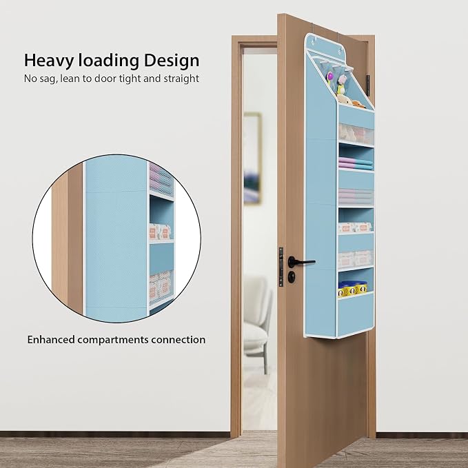 Univivi Fabric Over Door Hanging Organizer for Baby Nursery, Blue, 5-Shelf | Door Storage with Large Capacity Breathable Mesh Pockets, Over the Door Baby Organizer for Baby Essential, Bedroom, and Dorm - Image 2