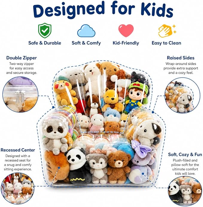 Clear Stuffed Animal Storage Bean Bag Chair Cover for Kids with Zipper | Transparent Waterparoof Wipe Clean Thicker PVC, Holds 150+ Stuffed Animals, Double Zipper for Plush Toys Storage & Organizing - Image 6