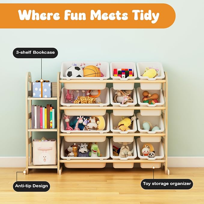 Toy Storage Organizer, Wooden Toy Organizers and Storage with Bookshelf, Toy Storage Shelf with 3 Shelves and 12 Storage Bins, Kids Bookshelf for Playroom, Nursery, Bedroom, Bookcase for Kids, White - Image 6