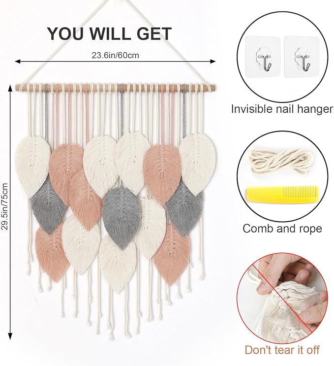 Alynsehom Macrame Wall Hanging, Boho Woven Tapestry, Chic Modern Bohemian Handmade Leaf Feather Wall Art Home Decor for Apartment Dorm Living Room Bedroom Nursery Backdrop(23.6" W X 29.5" L) - Image 3