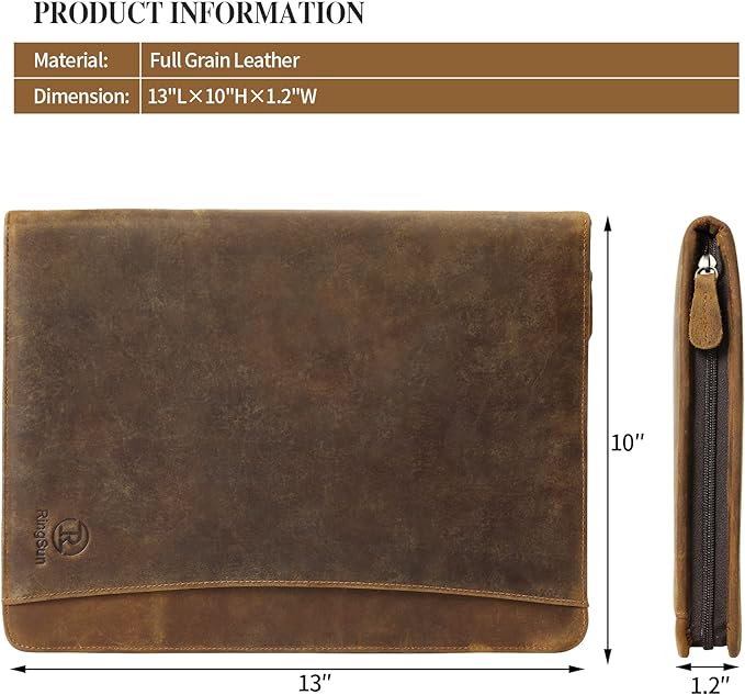 Ringsun Leather Portfolio Organizer with Zipper for Men Women, Leather Padfolio Business Resume Legal Pad Portfolio Notebook Binder for A4/Pad, Brown - Image 2