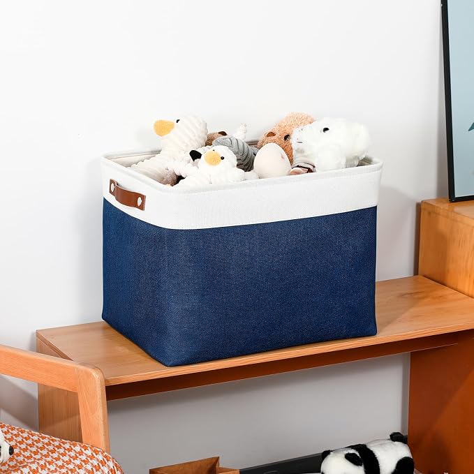 DULLEMELO Large Storage Baskets with Leather Handles for Linen Closet and Home Office, Decorative Baskets for Toys Storage (White & Blue) - Image 2
