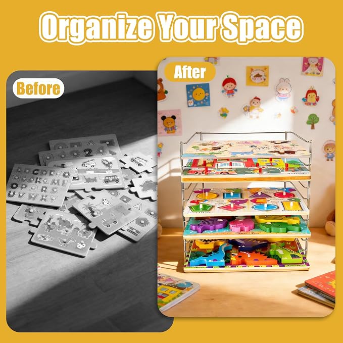 2 Pack Puzzle Racks for Wooden Puzzles, Each Stores 12 Puzzles, Wooden Puzzle Organizers and Storage, Metal Wire Rack Ideal for Homes, Schools, and Early Education Centers, Puzzle Holder Rack for Kids - Image 4