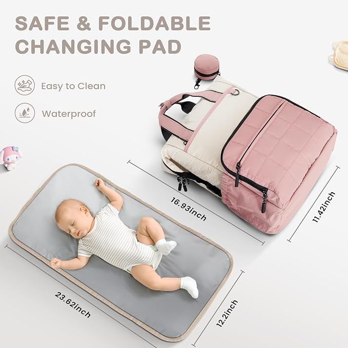 VONAL Diaper Bag Backpack, Lightweight Baby Diaper Bags, Travel Large Diaper Bag with Changing Station, Pink Diaper Backpack for Boys Girls Newborn with Insulated Pockets, Stroller Straps - Image 8