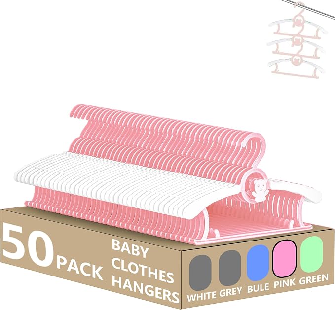 Baby Clothes Hangers 50 Pack, Plastic Kids Hangers Space Saving for Closet | Pink Hanger for Toddler Girl, Lightweight Anti-Slip Cascading Adjustable Children Infant Hangers, Ganchos para Ropa de Bebe by HGYZE