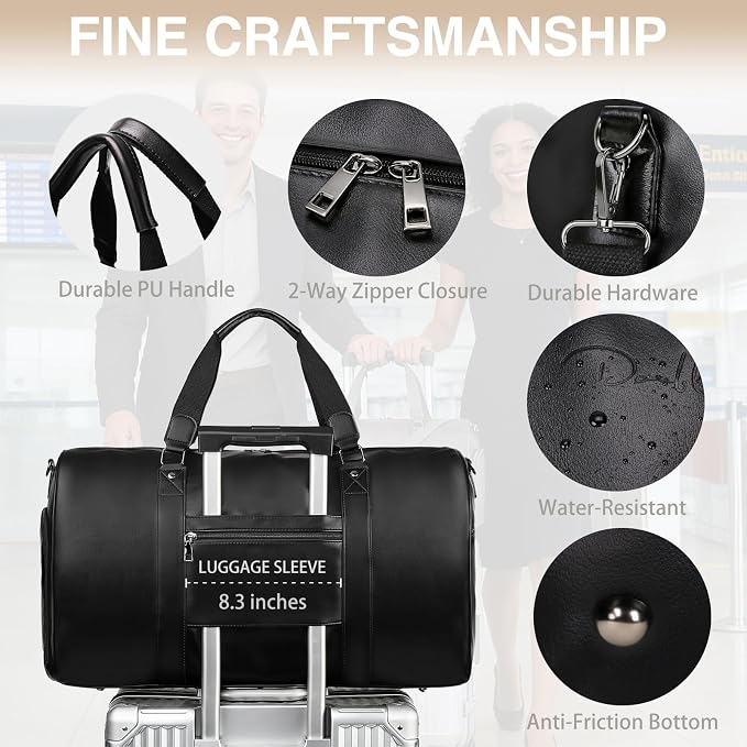 Large 3-in-1 Leather Duffle Bag for Travel Weekender Overnight Hospital Gym Bag for Men & Women, Carry On Airline Approved Personal Item Duffel Garment Bag Luggage with Shoe Compartment & Toiletry Bag - Image 8