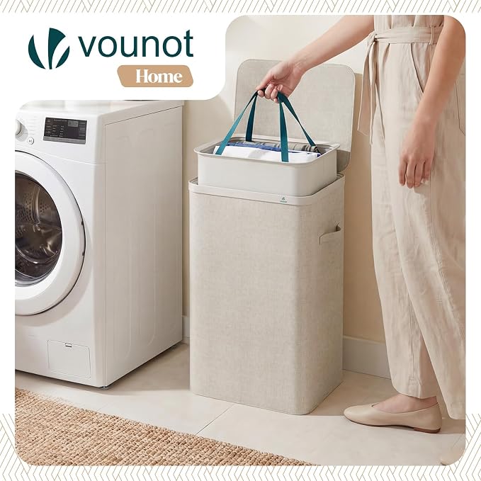 VOUNOT® 90L Laundry Basket with Lid, Rectangular Laundry Hamper with Removable Bag & Handles, Foldable Laundry Bin for Bedroom, Bathroom, Utility Room, Beige - Image 5