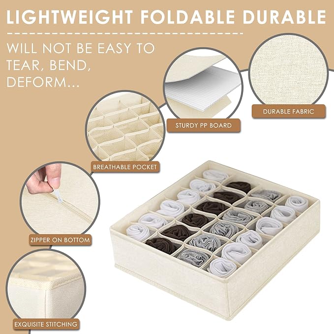 3 Pack Sock Underwear Drawer Organizer Dividers, 64 Cell Fabric Foldable Cabinet Dresser Closet Organizers and Storage Boxes for Organizing Socks, Underwear, Ties (16+24+24 Cell, Beige) - Image 4