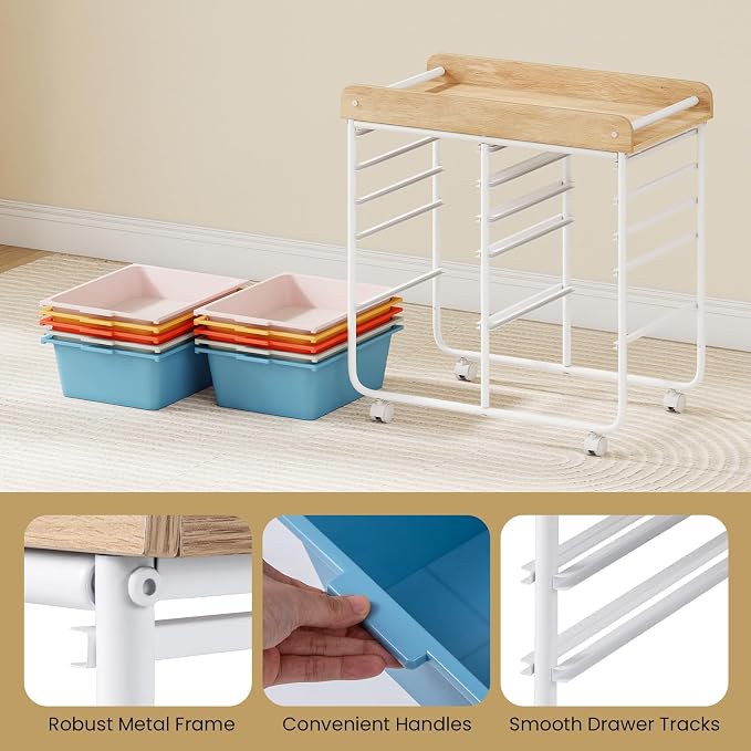 Rolling Storage Cart with 10 Drawers, Plastic Large Capacity Craft Organizer on Wheels with Wooden Top, Mobile Art Supply Utility Cart for Classroom, Home, Office - Image 7