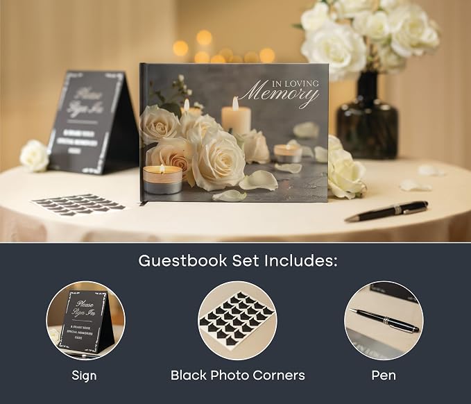 Rose Hardcover Funeral Guest Book - 9.5 x 7 Celebration of Life Guestbook for Memorial Service with 5x7 Paper Sign, Pen, Black Photo Corner Stickers - Image 3